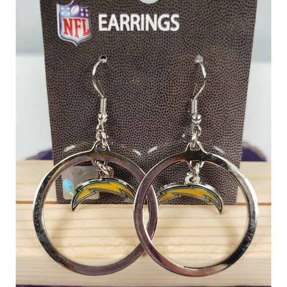 NFL Los Angeles Chargers Unisex Earrings J-Hook Logo Silver Tone 1 inch Hoop - Picture 2 of 8